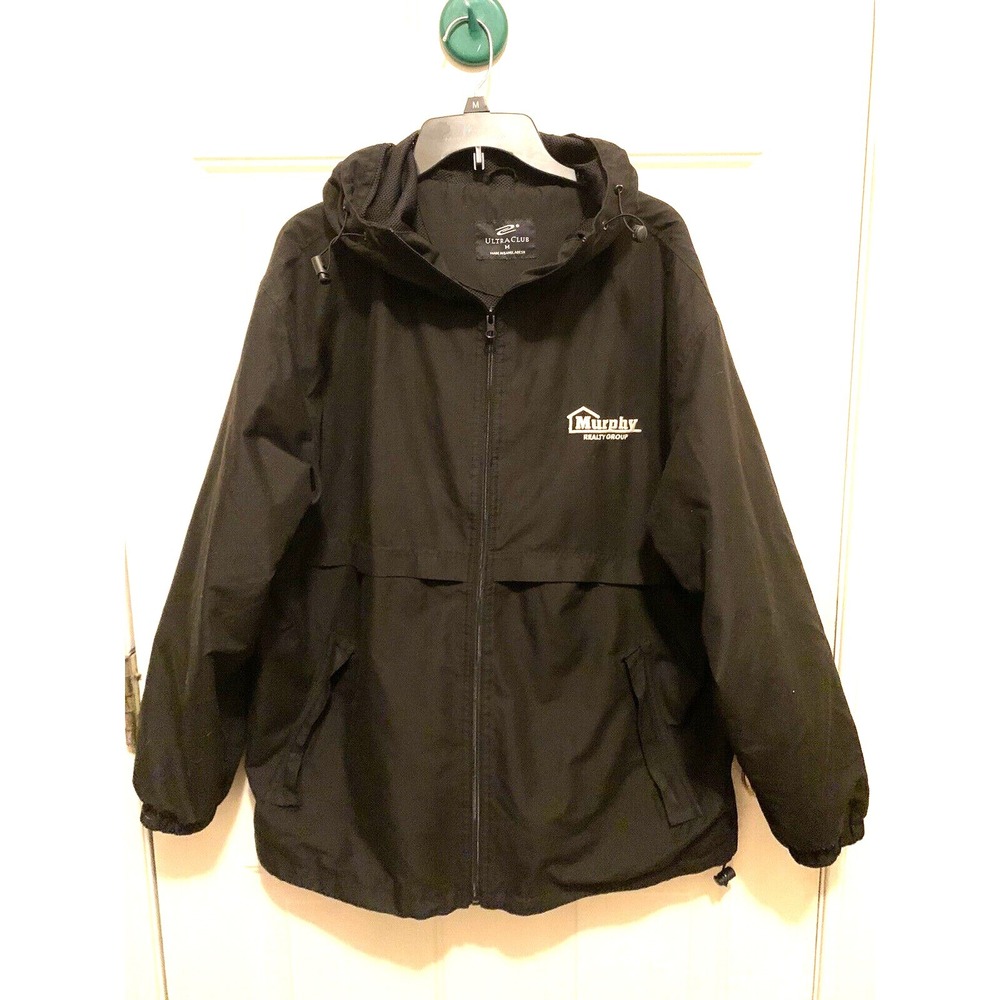 UltraClub Windbreaker Jacket Mens Medium Black Embroidered Logo Hood‎ Lined
